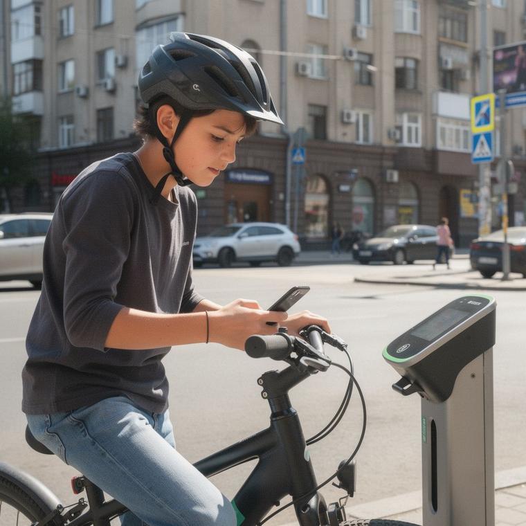 Rider wearing a helmet unlocking an e-bike on a Kyiv street